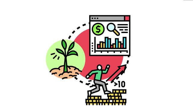 Financial market growth concept displaying a person running on ascending coins, a growing plant, and a financial chart, symbolizing progress, investment, and business development