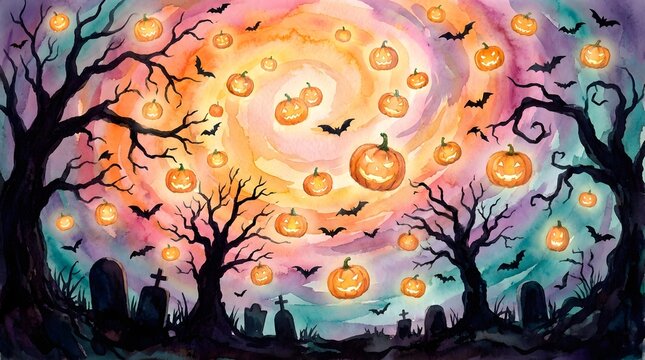 A vibrant artistic halloween background featuring floating glowing jack o lanterns swirling in a mystical night sky above a dark forest and a spooky graveyard