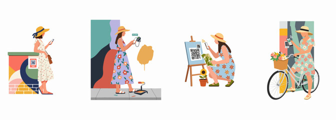 Fototapeta premium Set of flat vector illustrations featuring women in summer outfits interacting with QR codes through their smartphones in various lifestyle scenarios.