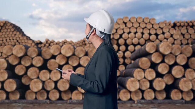 Side View of Asian Businesswoman Use Smartphone While Walking and Looking Around with Stacked timber logs pile at outdoor lumber yard