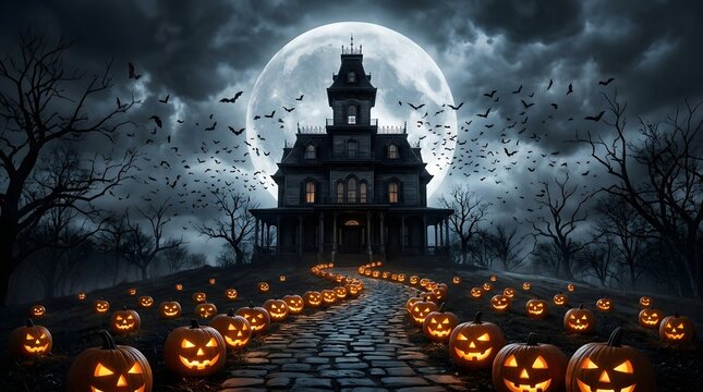 A spooky haunted mansion stands under a glowing full moon with a path of glowing jack o lanterns creating a perfect eerie halloween background for
