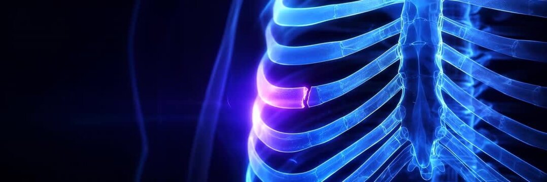 Chest X-ray showing highlighted rib fracture. Rib trauma diagnosis concept for healthcare with copy space