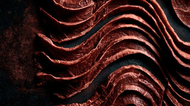 A top-down steakhouse concept where premium steak cuts create elegant wave patterns across a dark surface