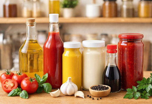 Bottles and jars of condiments arranged with tomatoes, garlic, herbs and spices on a wooden countertop. Colorful cooking ingredients presented for recipe or menu use.