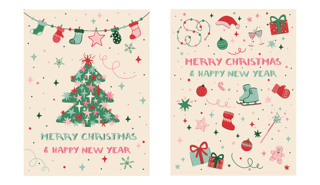 Hand-Drawn Vector Christmas Card Template Set