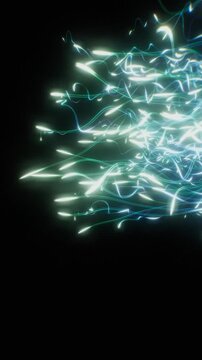 Electric glowing streams weave across deep darkness in a vertical 3D render tailored for concert visuals and soothing ambient mobile wallpapers