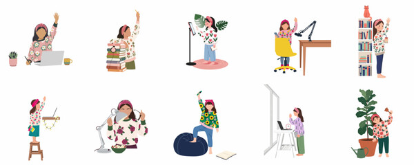 Obraz premium Vector character set of a young girl engaged in various homeschooling activities, studying with technology and books, and exploring her domestic surroundings.