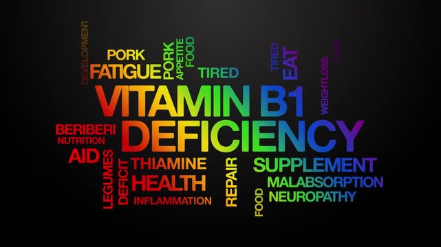 Vitamin B1 deficiency concept Animated Tag Word Cloud kinetic typography, Text Design Animation typography seamless loop video motion graphics Intro Wordart arrangement rainbow type on black backgroun