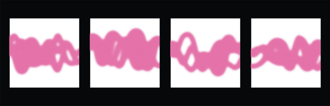 Set of four square panels featuring pink halftone wavy abstract brush stroke patterns Vector