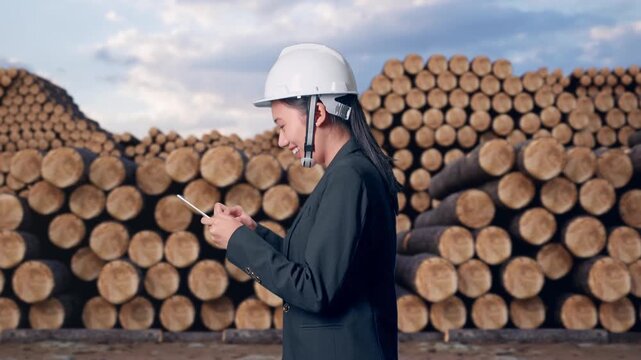 Side View of Asian Businesswoman Use Tablet While Walking with Stacked timber logs pile at outdoor lumber yard