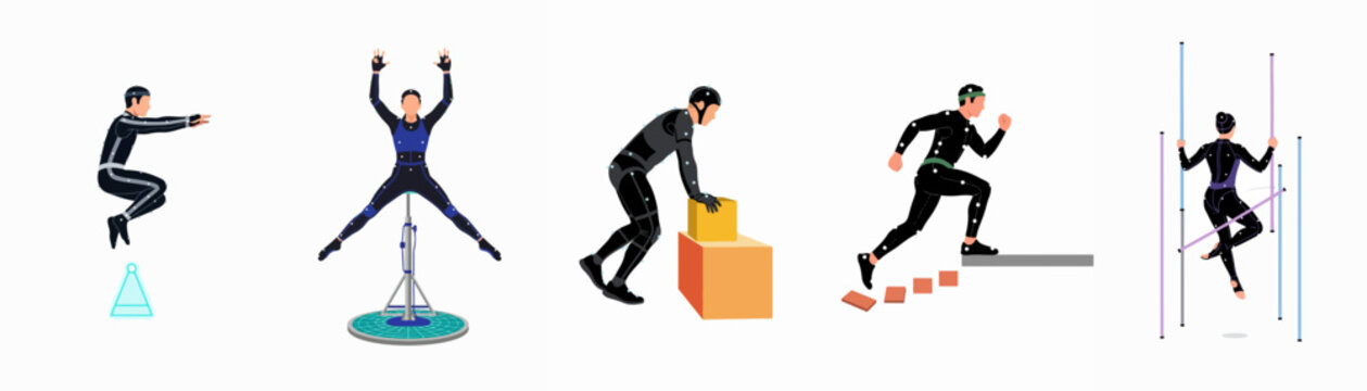 Set of illustrations showing motion capture technology with actors in mocap suits performing different physical activities for animation and digital media production.