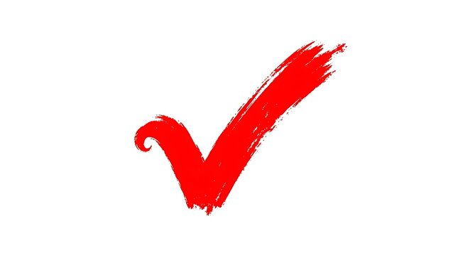 A vibrant red check mark brushstroke illustration on a white background signifying completion approval correctness and positive confirmation