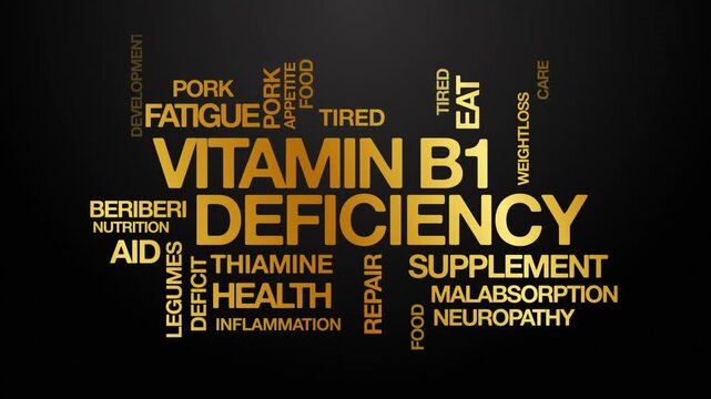 Vitamin B1 deficiency concept Animated Tag Word Cloud kinetic typography, Text Design Animation typography seamless loop video motion graphics Intro Wordart arrangement golden type on black background