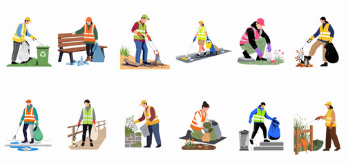 Fototapeta premium Diverse volunteers and workers in safety vests cleaning up litter, picking up trash, and gardening in public spaces, presented in a flat illustration style.