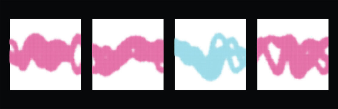 Set of four abstract wavy halftone shapes in pink and light blue colors on square frames Vector