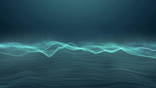 Turquoise flowing waves form an abstract digital pattern on a dark ocean background, suggesting technology, energy, and motion