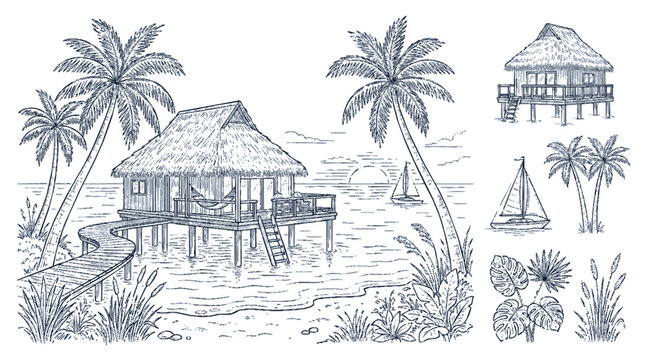 Tropical island beach bungalow hand drawn illustration set featuring palm trees and sailboat elements for summer vacation design