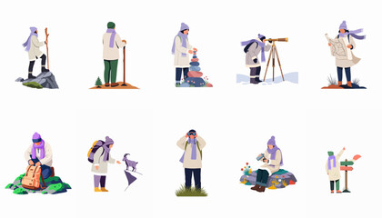 Fototapeta premium A collection of vector illustrations featuring explorers in winter gear engaged in hiking, birdwatching, map reading, and various outdoor activities in nature.
