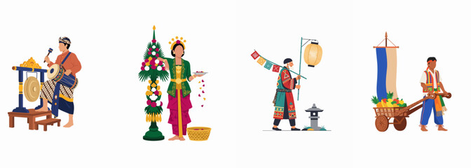 Fototapeta premium Collection of Flat Illustrations Depicting Traditional Balinese People Engaged in Cultural Activities, Ceremonies, and Festivals on a White Background