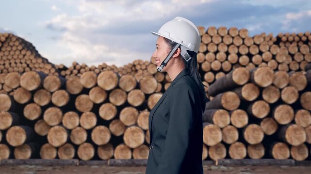Side View of Asian Businesswoman Walking and Smiling with Stacked timber logs pile at outdoor lumber yard