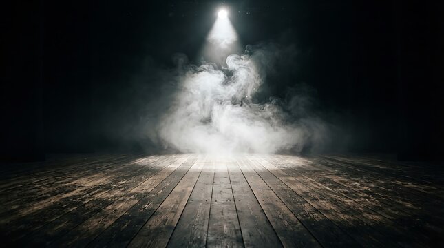 Dramatic spotlight shining down on swirling white smoke and a dark wooden stage floor creating a mysterious atmosphere