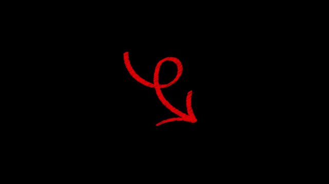 Hand-drawn scribble curvy line direction arrow on black background. Sketch style spiral arrow animated doodle direction scribble pointer for video transitions, highlights, guidance and visual emphasis