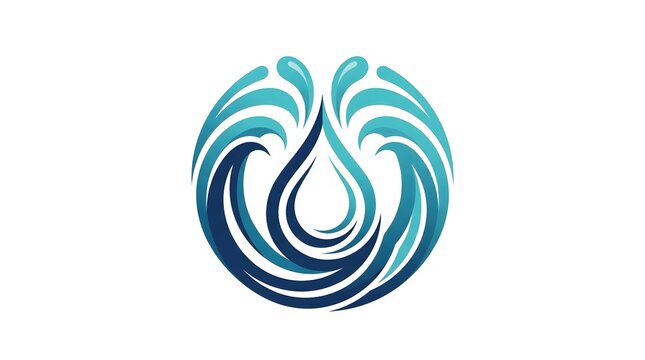 Circular abstract logo design featuring blue water drop surrounded by dynamic splashing ocean waves, clean modern emblem isolated on white background