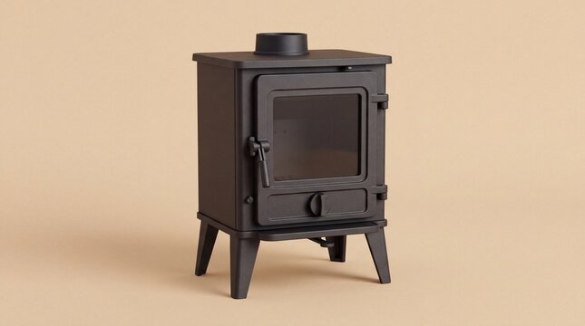 Black cast iron wood burning stove on neutral background