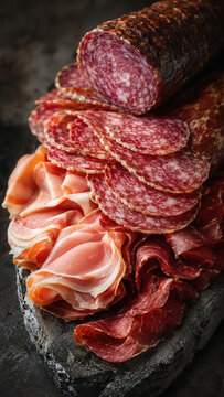 Sliced salami, prosciutto and cured beef arranged on a dark slate board in a stacked charcuterie presentation with rustic lighting and shallow depth of field.