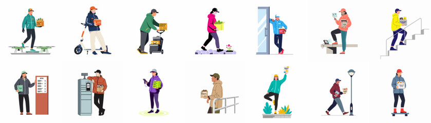 Obraz premium Diverse delivery couriers collection in flat illustration style, showcasing various modes of package and food delivery services on a white background.