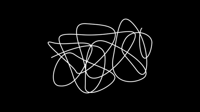 Hand drawn tangle scrawl sketch or black line spherical abstract scribble shape. Tangled chaotic and nervous doodle circle or thread clew knot spinning on white background. 4K looped animation