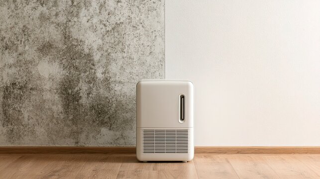 Split composition of dry wall and moldy surface with dehumidifier center, mold remediation and humidity control concept