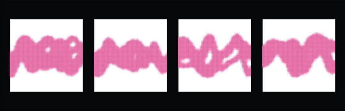 Set of four pink abstract wavy lines with halftone dot texture in square frames Vector
