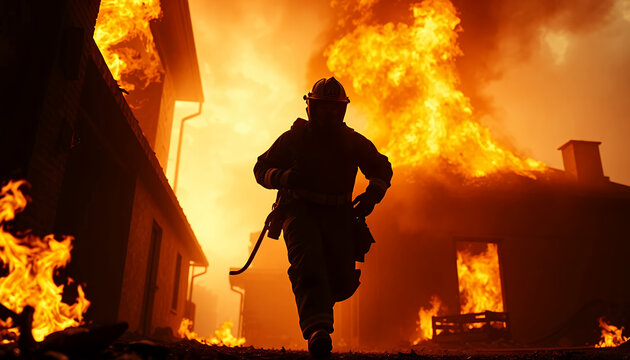 Firefighter battles intense wildfire at night with protective gear and hose in dramatic blaze