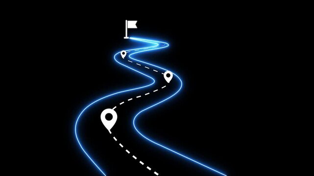 Neon glowing roadmap infographic with animated location pins and finish line flag