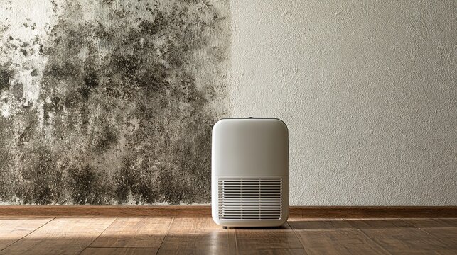 Split composition of dry wall and moldy surface with dehumidifier center, mold remediation and humidity control concept