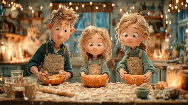 Family cooking background cartoon animation cute characters pumpkin for children book illustration design