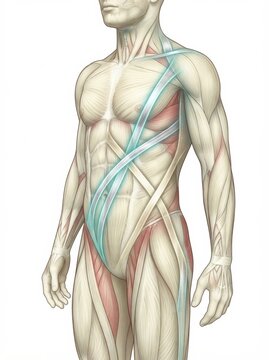 Illustration displays the fascia and myofascial anatomy in the human body with emphasis on collagen structures and connective tissue details.