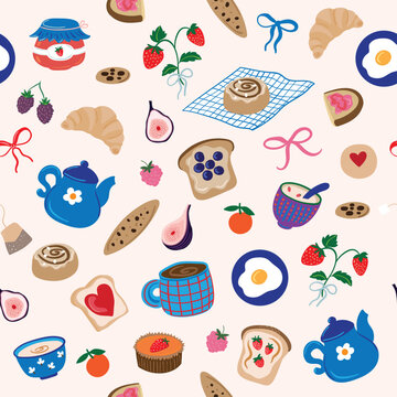 Coquette seamless pattern with breakfast and brunch elements, perfect for kitchen textiles, packaging, stationery, wallpaper, menus and food themed designs