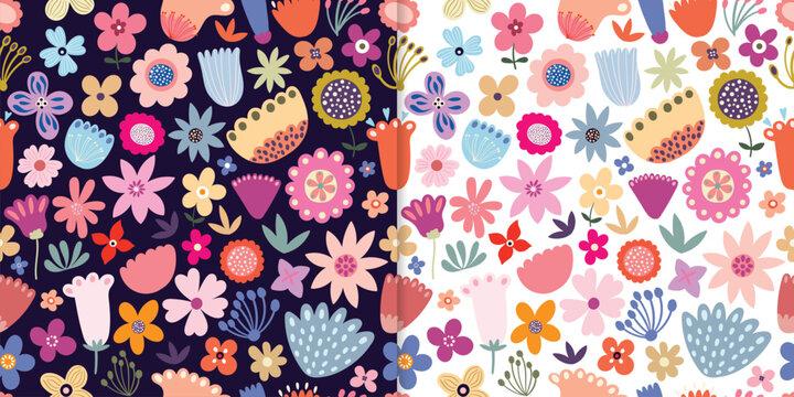  Abstract floral seamless patterns set with colorful variety of flowers, different backgrounds colors, perfect for fabric, wallpaper, stationery, packaging, invitations, home decor