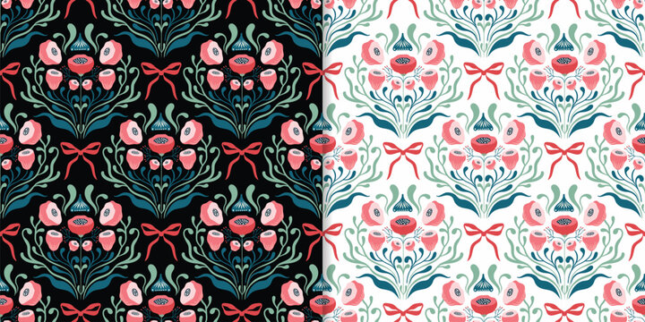  Elegant seamless floral pattern inspired by classic Victorian aesthetics, with delicate floral bouquets and bows, ornamental details, and a timeless vintage character. 