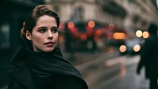 Paris, France, Europe. A portrait of a woman in a side profile, captured in a candid moment on a city street. She wears a black coat and her hair is styled in a messy updo.