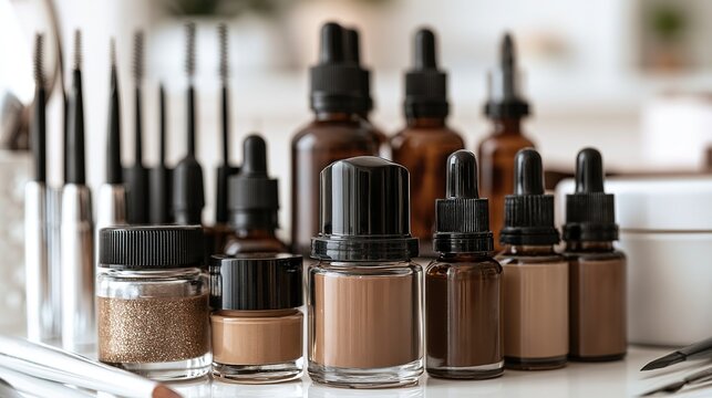 Microblading tools and pigment bottles neatly arranged on beauty worktable, professional lighting highlighting semi-permanent makeup precision