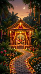 Fototapeta premium Traditional Durga Puja pandal decorated with warm lights and flowers