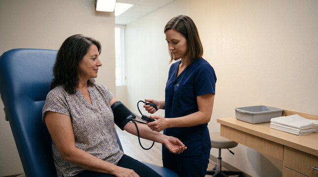 Blood pressure check during a calm adult clinic examination