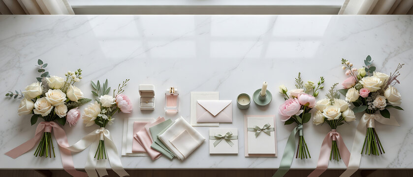 Elegant Wedding Flat Lay with Flowers Stationery Gifts and Bridal Accessories