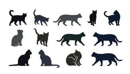 Obraz premium Vector collection of domestic cat silhouettes in various poses including walking sitting stretching and scratching isolated on background