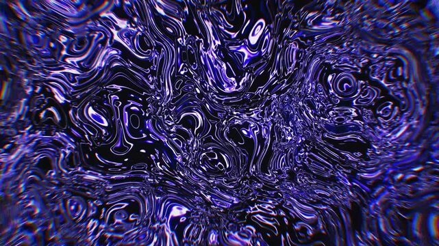 Metallic liquid ripples distort in hypnotic purple chrome patterns during a fluid 3D render perfect for dj sets and psychedelic background loops