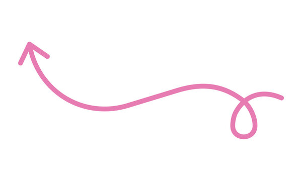 Hand drawn pink arrow with curly tail and loop isolated on white background used for drawing attention to specific information or directing user navigation flow.