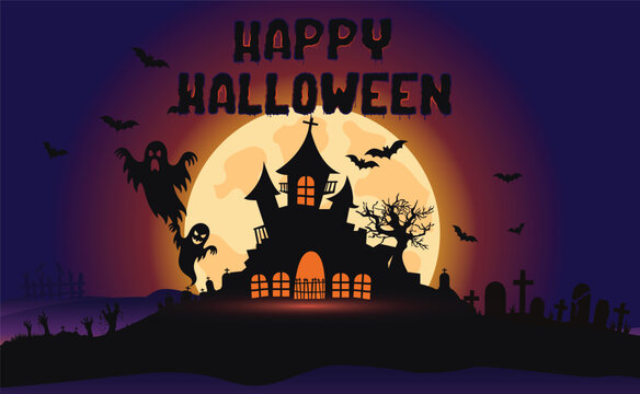 Happy Halloween Haunted House with Ghosts and Bats, Spooky Night Illustration
